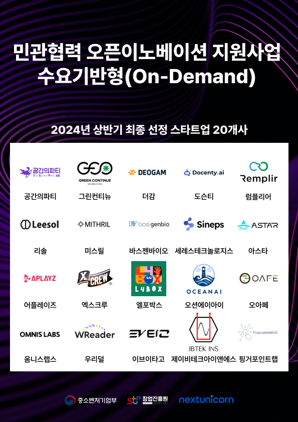 민관협력 오픈이노베이션 지원사업 수요기반형(On-Demand) 2024년 상반기 최종 선정 스타트업 20개사 선정 이미지